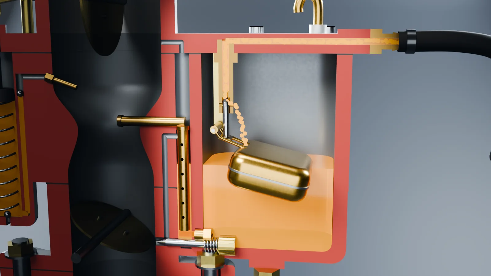 Cutaway of the float bowl: fuel enters through the inlet, passes the needle valve and fills the bowl under the brass float.