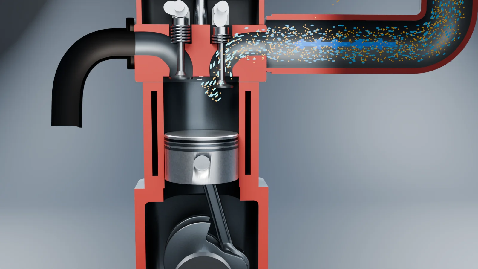 Cutaway of the engine: the intake manifold carries the air and fuel mixture past the open intake valve into the cylinder.