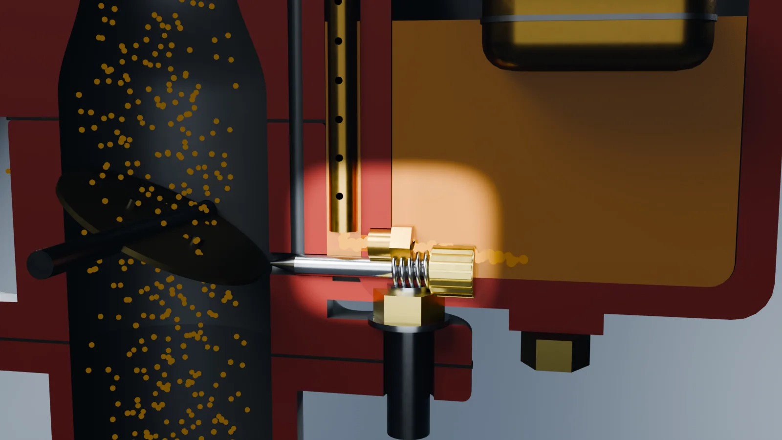 Cutaway at the bottom of the float bowl: fuel passes through the brass main jet on its way to the main well.
