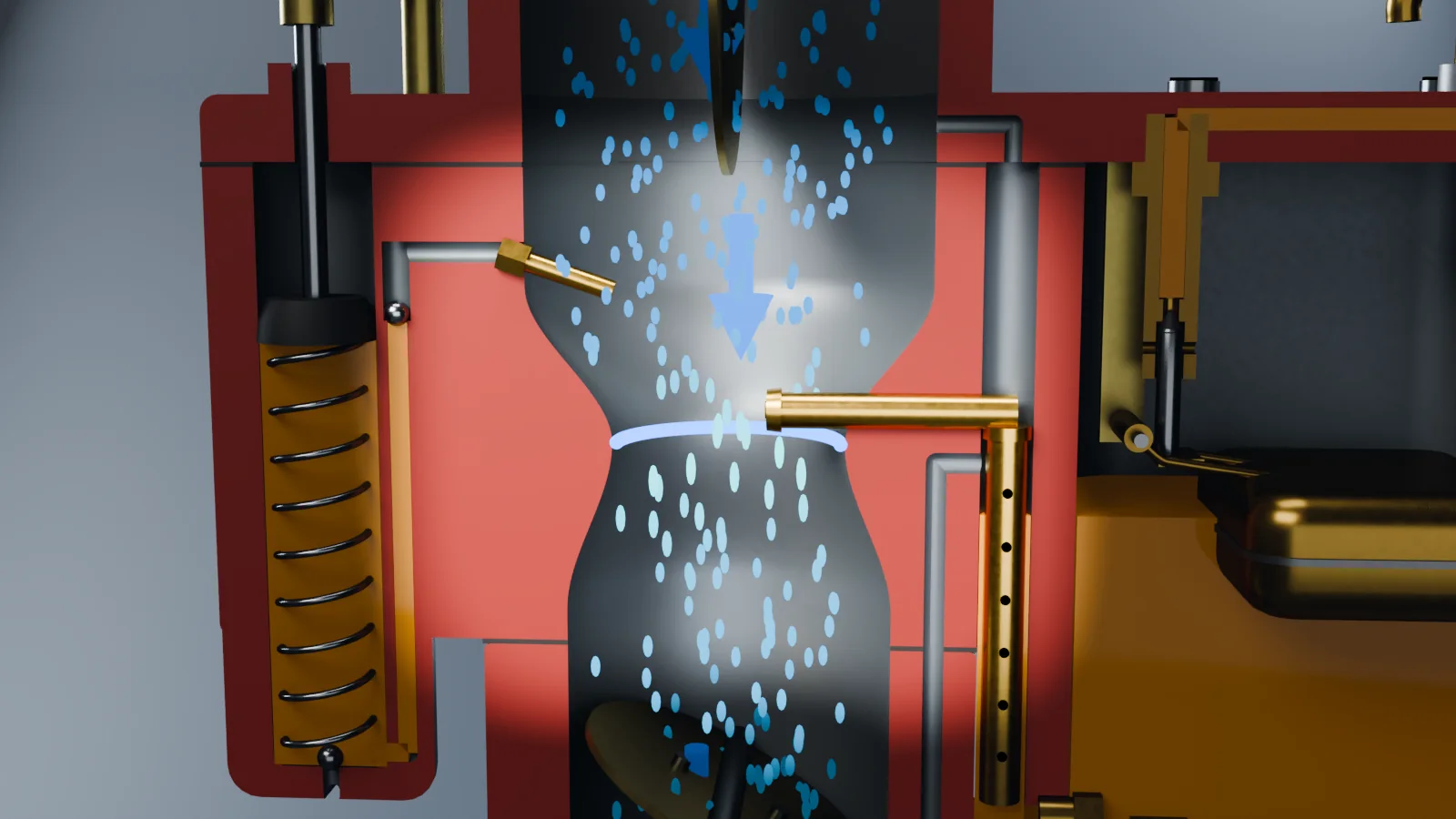 Cutaway of the venturi: air speeds up through the narrow throat, where a blue ring marks the lowest pressure.