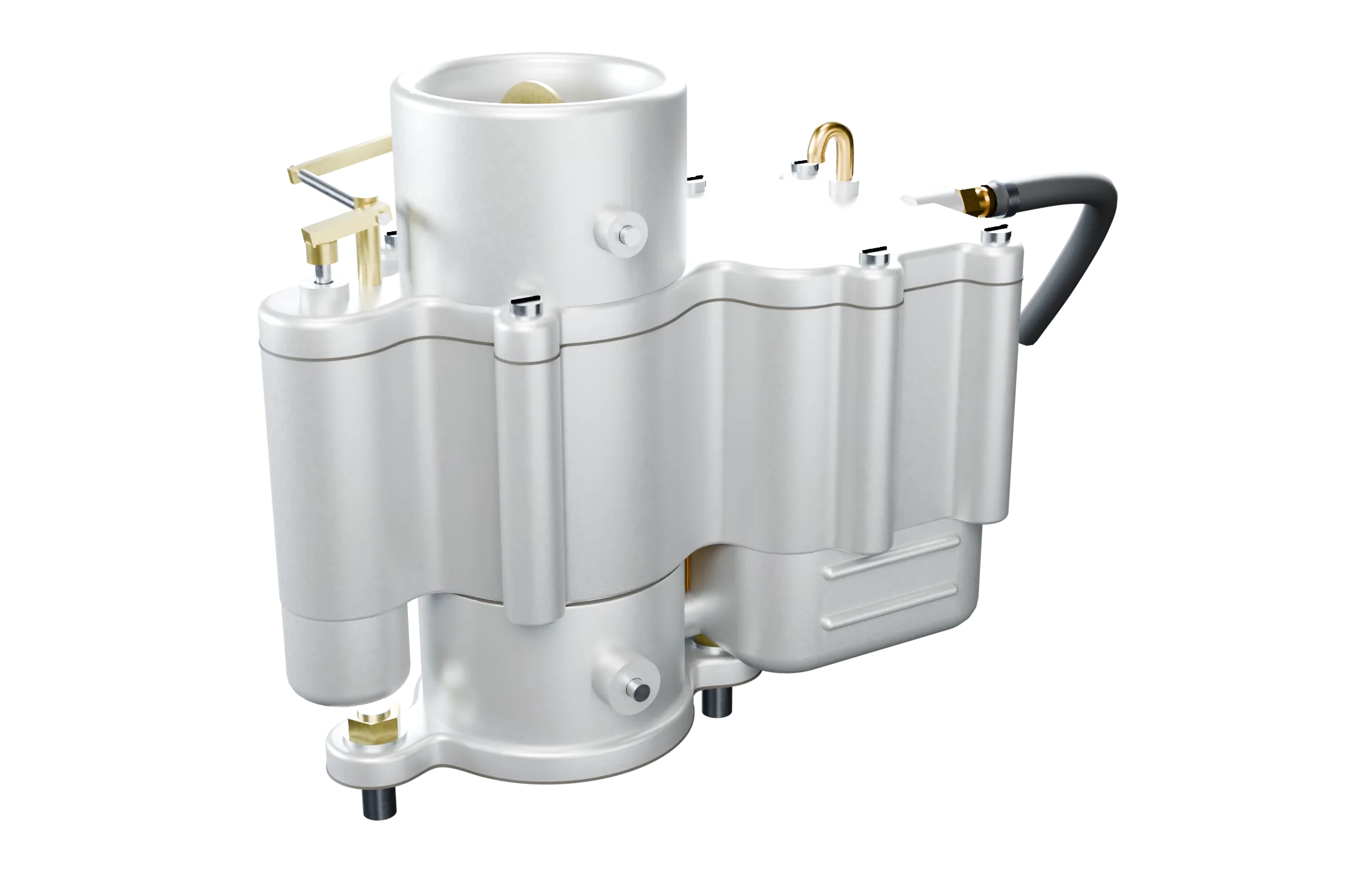 An aluminium carburetor with its fuel hose, throttle lever and brass fittings.