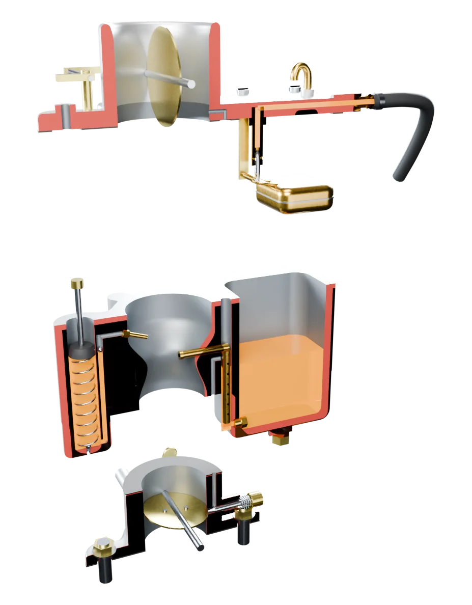 The carburetor taken apart and cut in half: air horn with its float on top, main body with the fuel bowl in the middle, throttle body at the bottom.