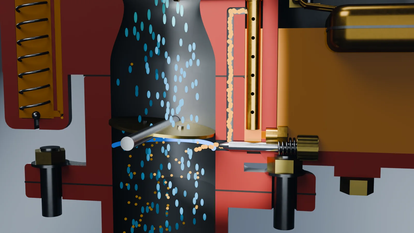 Cutaway at the throttle plate: a thin stream of fuel comes out of the idle port just below the nearly closed plate.