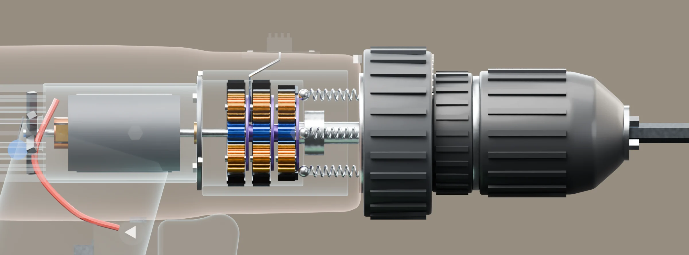 The front of a cordless drill cut open from the side: the motor, three planetary gear stages, the clutch springs and torque collar, the chuck and the bit, with fourteen numbered parts.