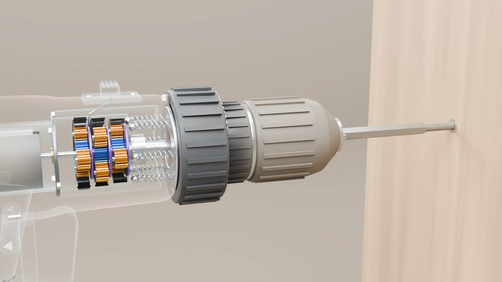 The drill driving a screw into an oak board, with its gearbox and clutch springs seen through the see-through shell.