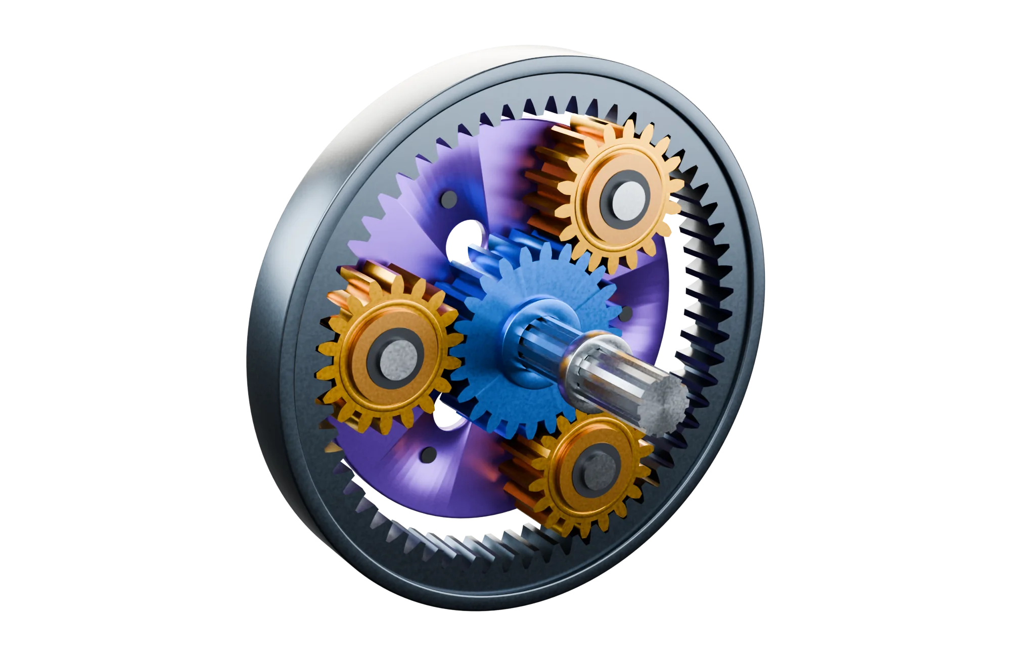 A planetary gear set: a blue sun gear in the middle, three gold planet gears on a violet carrier, and a dark ring gear with its teeth on the inside.