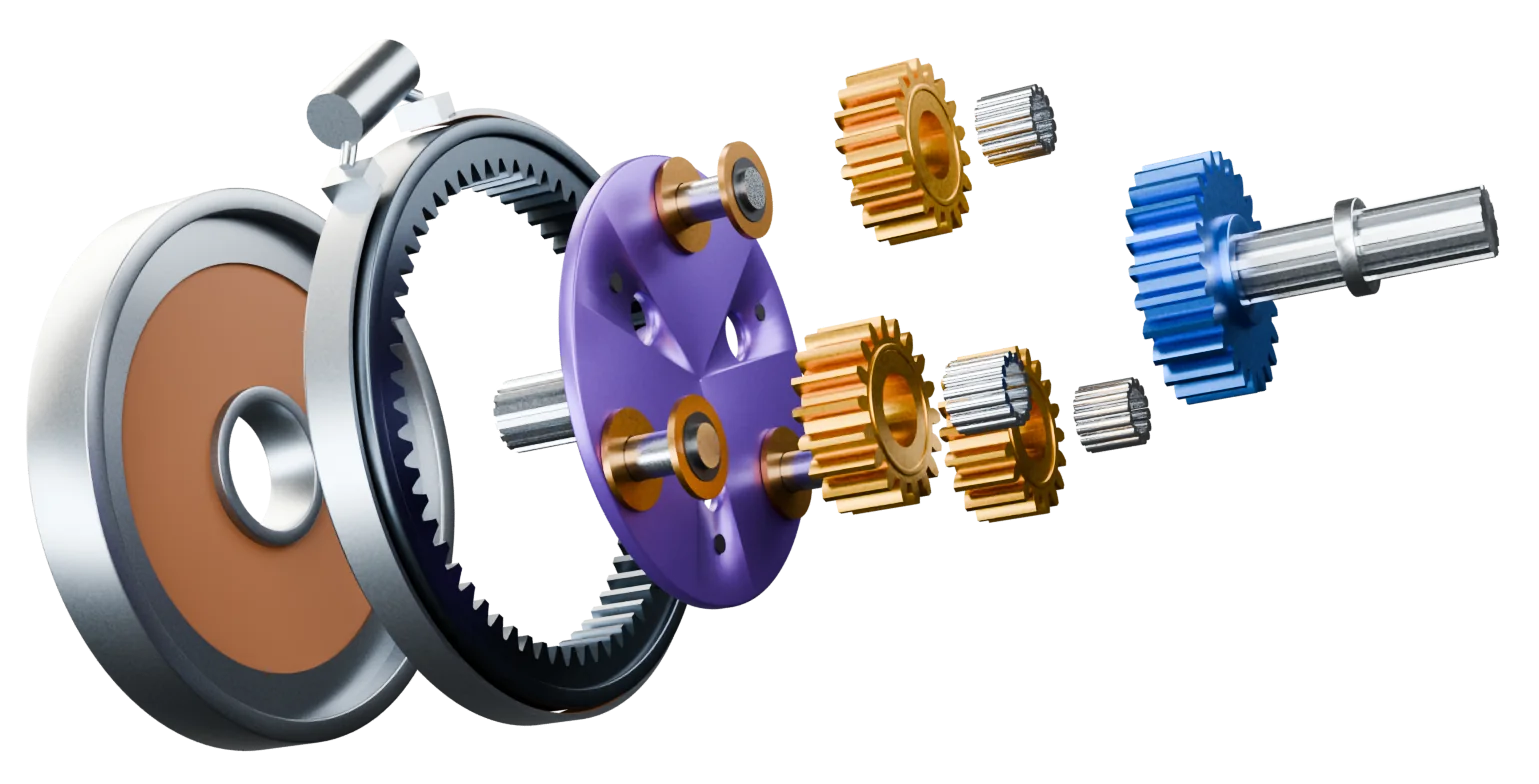 The planetary set taken apart along its axis: input shaft and sun, needle bearings, planets, carrier with pins, ring gear with its brake band, and the clutch pack.