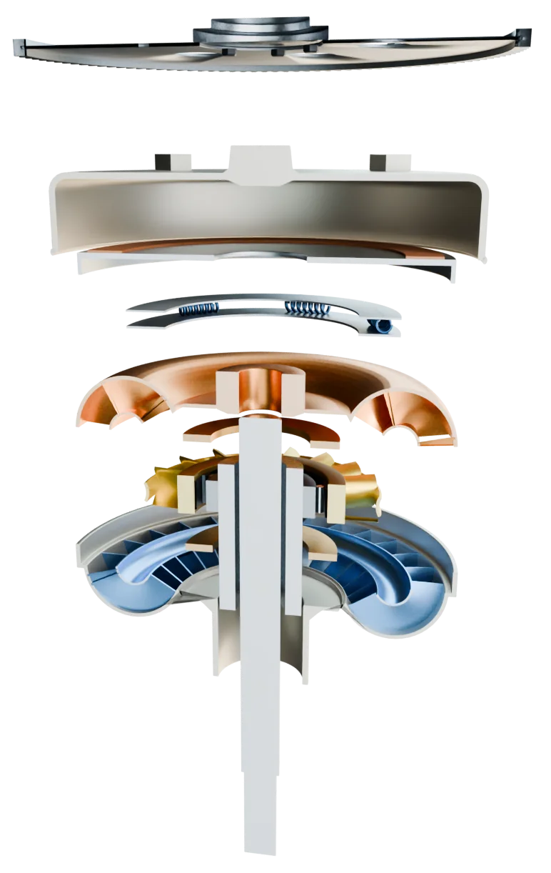 The torque converter taken apart along its shaft and cut in half: flexplate and cover at the top, then the lock-up clutch, damper, turbine, stator and impeller, with the shafts down the middle.