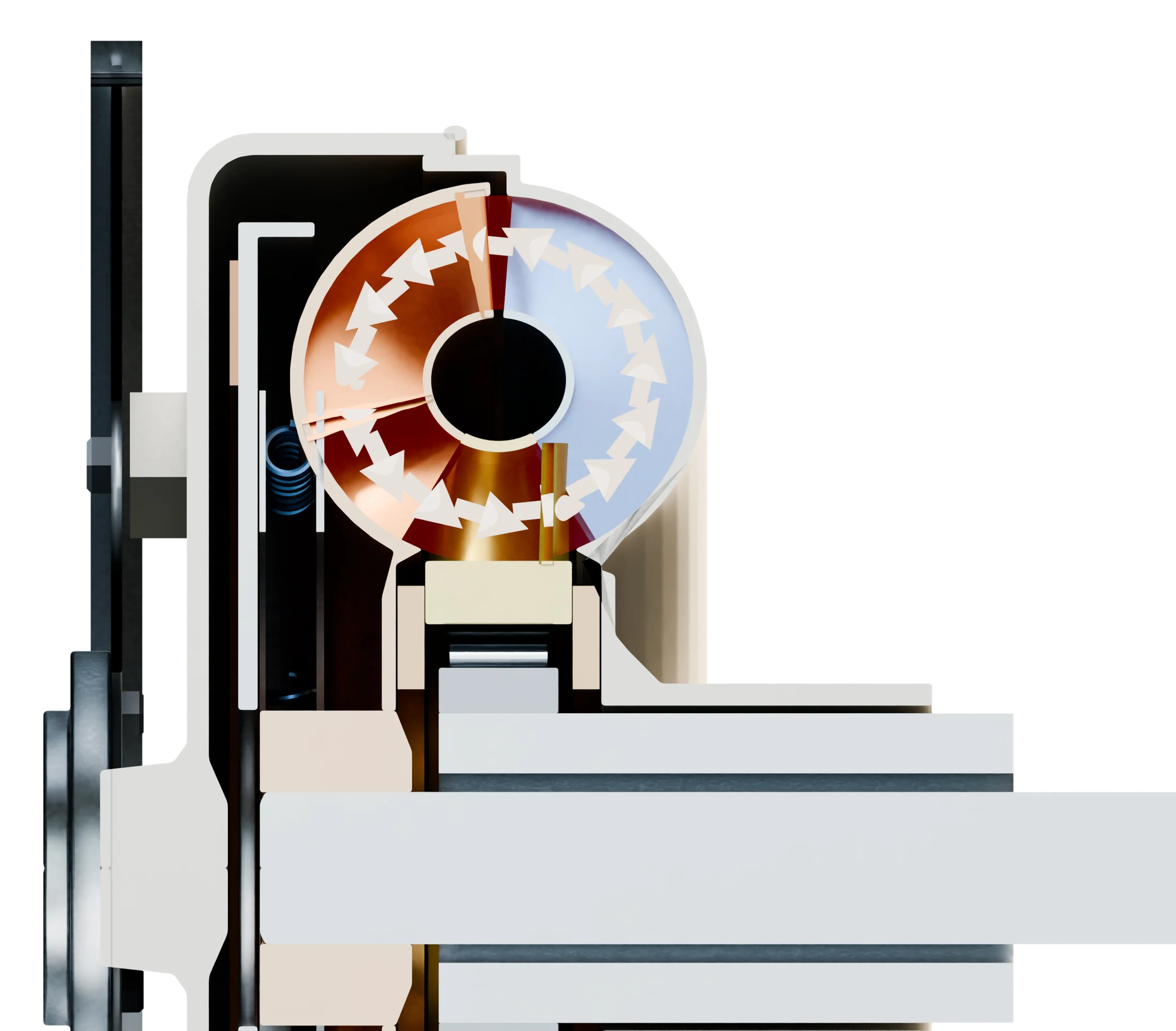 Cross-section of the top half of the torque converter: the flexplate and cover on the left, the impeller and turbine forming a doughnut full of red oil, the stator between them, and the lock-up clutch beside the cover.