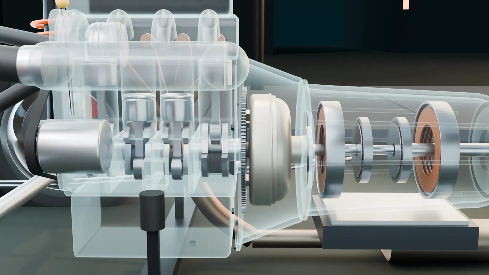 Inside the see-through car: the engine on the left, the torque converter in the middle and the gearbox on the right.