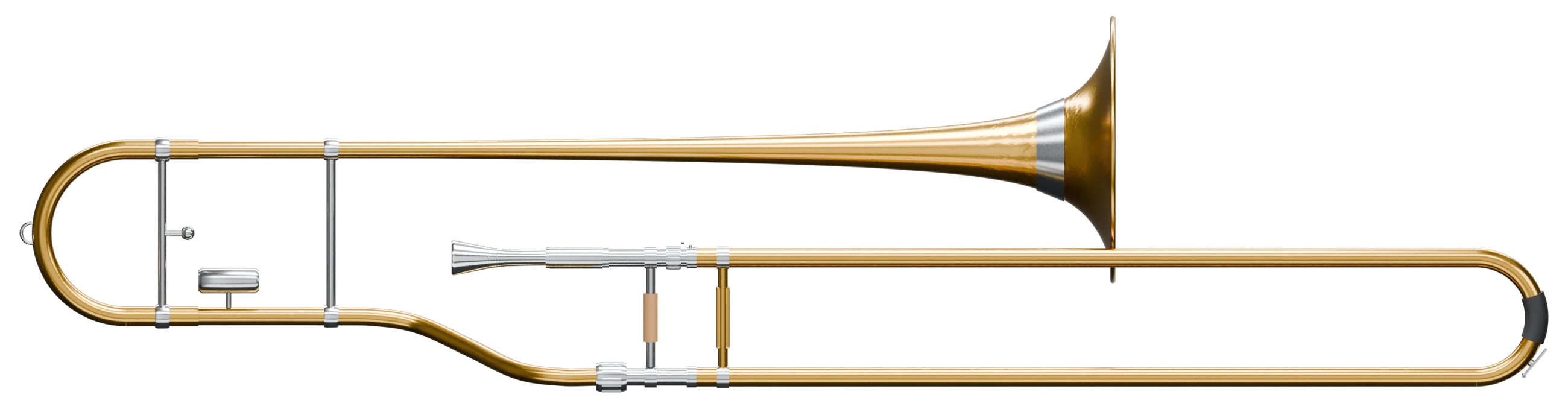 Side view of a tenor trombone with sixteen numbered parts.