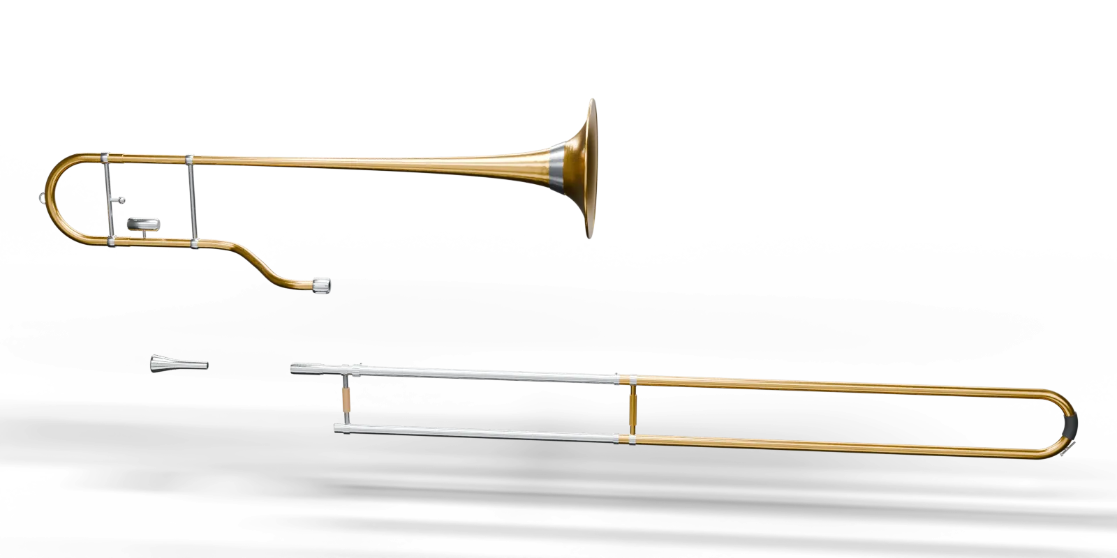 The trombone taken apart: bell section above, mouthpiece at left, inner and outer slide below.