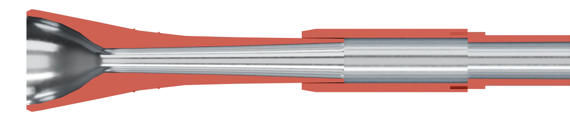 The mouthpiece sawn in half lengthwise, seated in the receiver. The cut faces are shown in red.