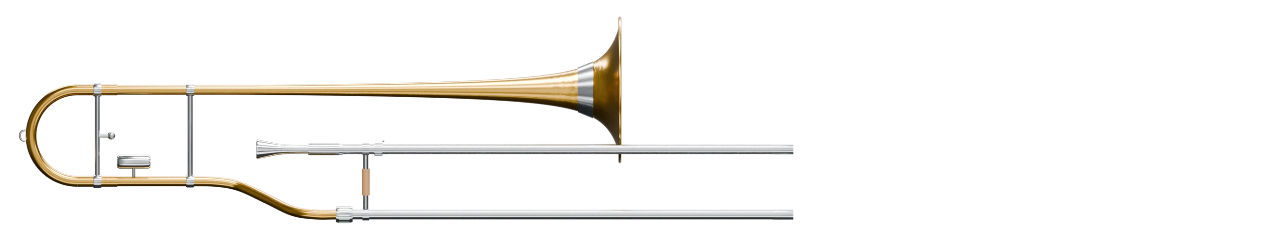 Side view of the trombone: bell section, inner slide and mouthpiece.