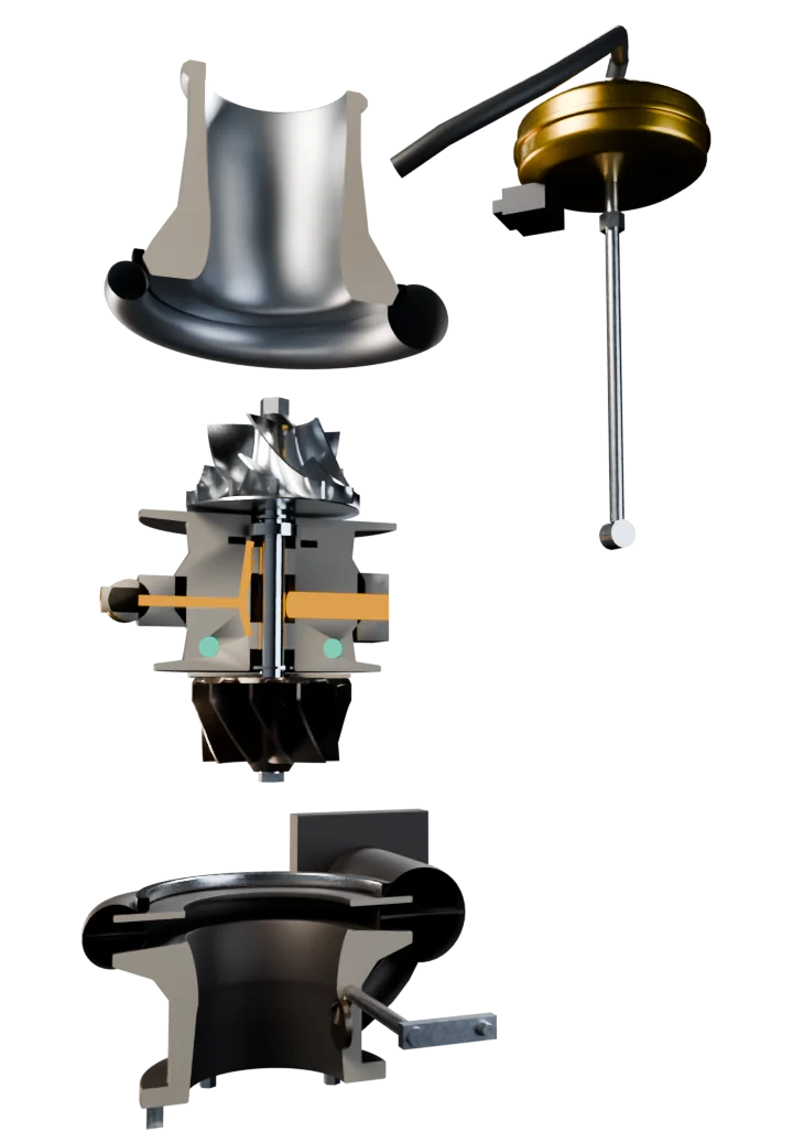 The turbocharger taken apart along its shaft and cut in half: the compressor housing at the top, the rotor and centre housing in the middle, the turbine housing at the bottom.