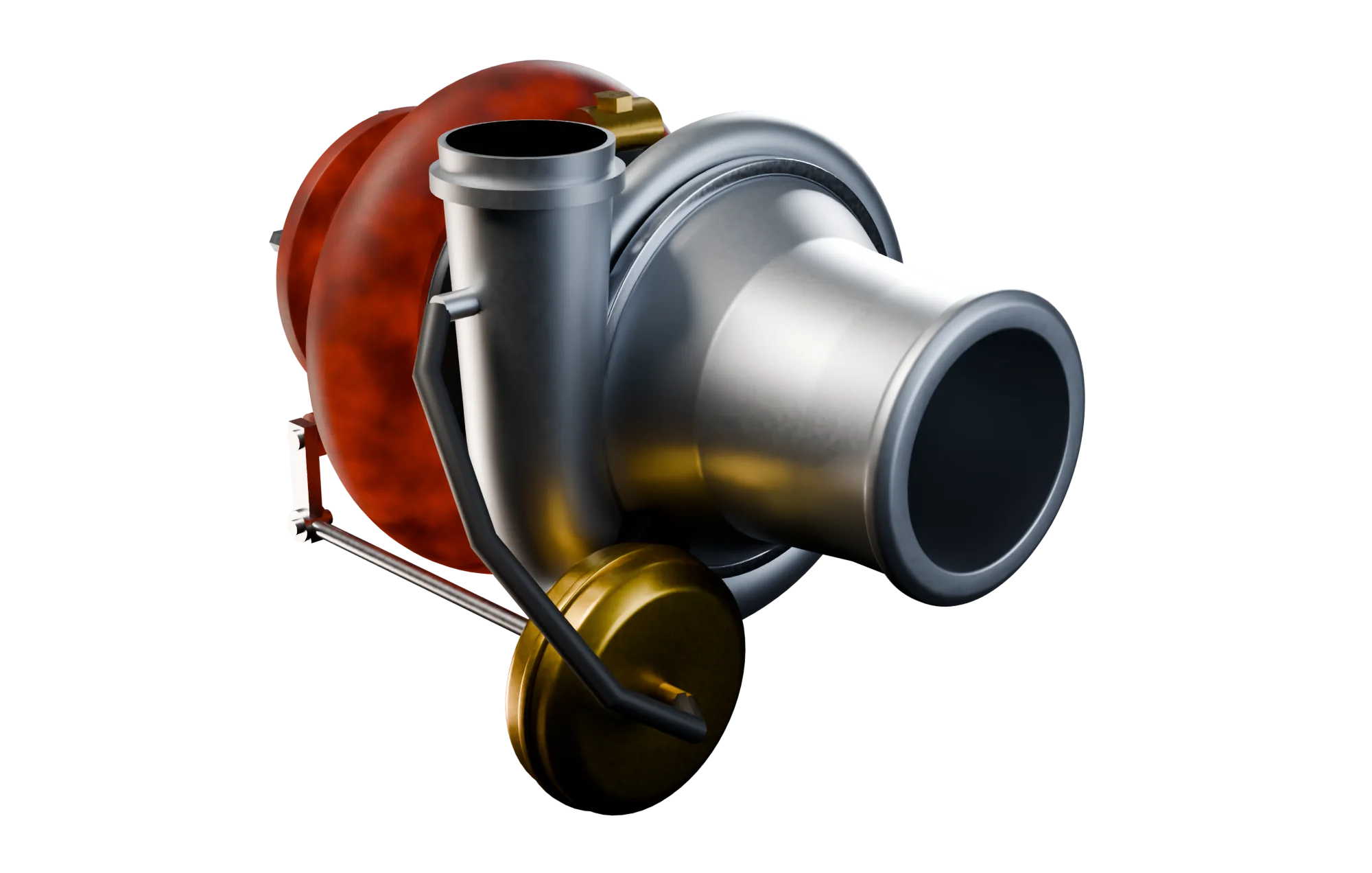 A turbocharger: a cast-iron turbine housing glowing red-hot on one side, a polished aluminium compressor housing on the other, and the gold wastegate actuator below.