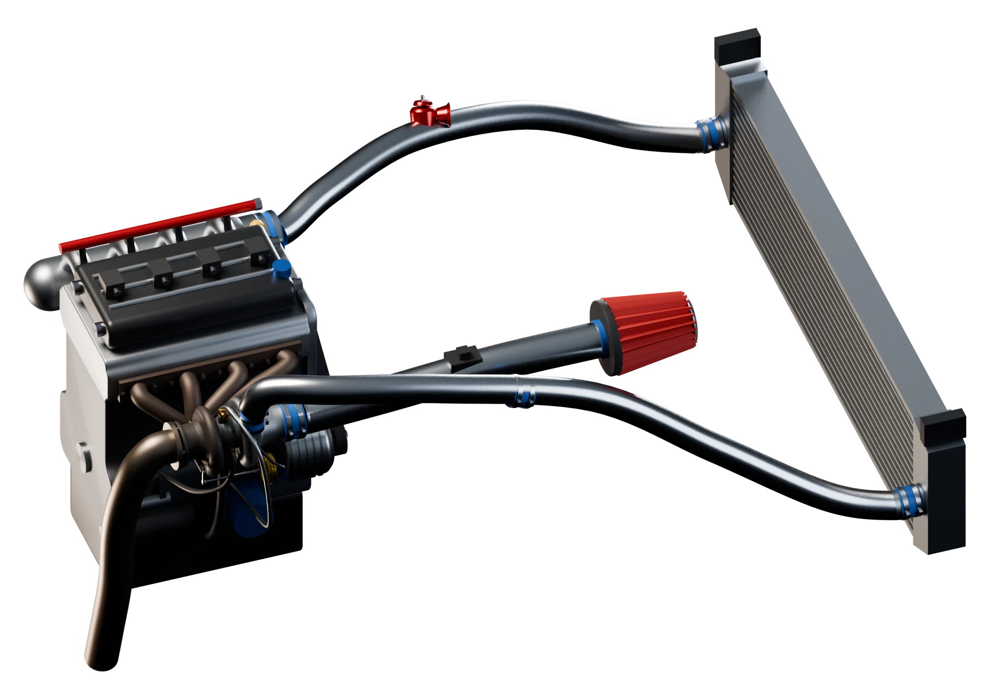 The engine, the turbocharger and their pipes seen from above, with seventeen numbered parts along the air path, the exhaust path and the oil and coolant lines.