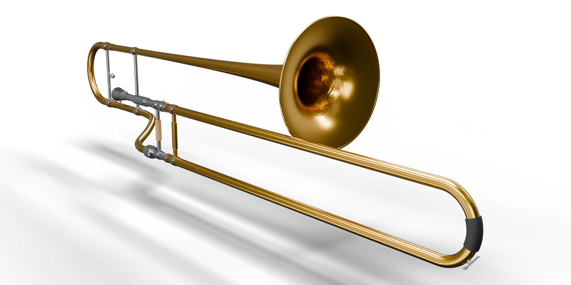A lacquered brass tenor trombone seen from the bell end, slide stretching away to the right.
