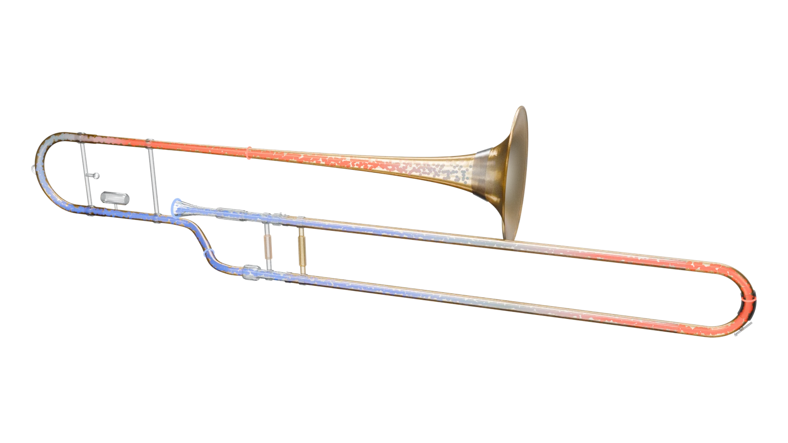X-ray view of the trombone model with the air column shown as coloured particles: red and blue bands along the tubing.